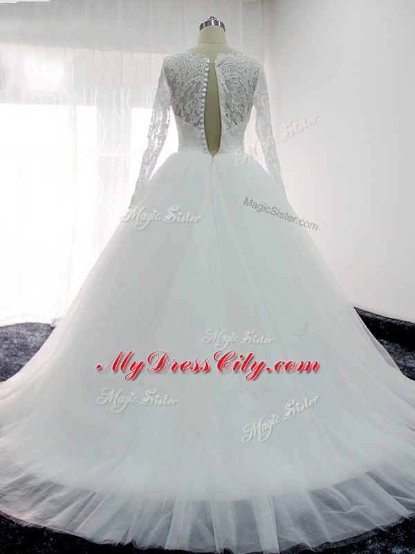 Long Sleeves Brush Train Backless Lace and Appliques Wedding Dress