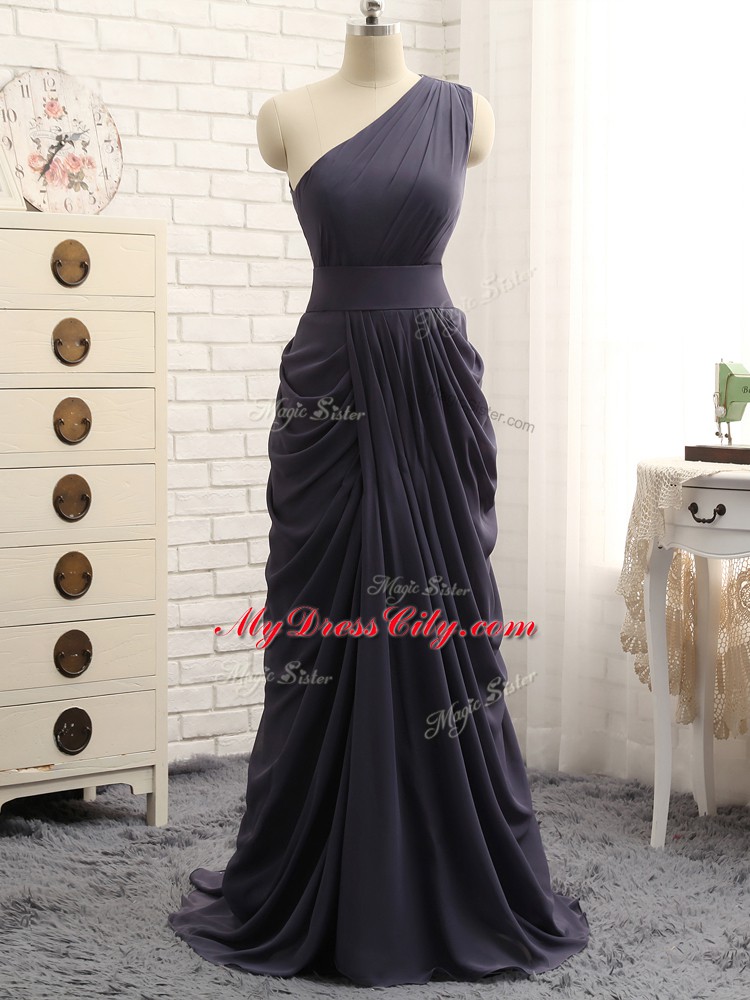 Empire Court Dresses for Sweet 16 Grey One Shoulder Chiffon Sleeveless Floor Length Zipper