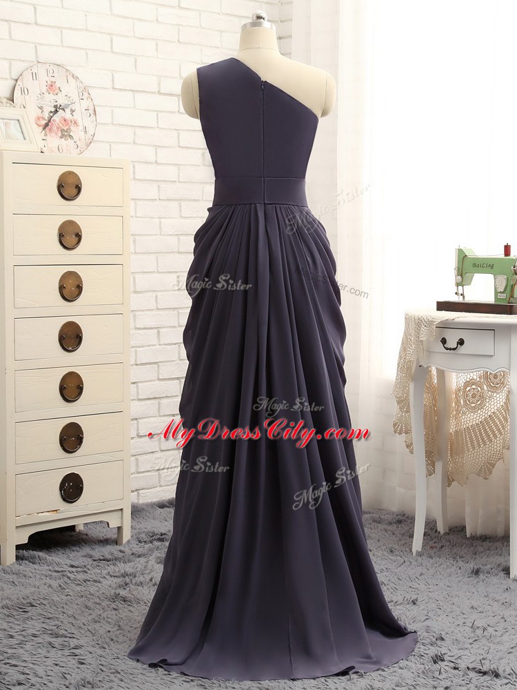 Empire Court Dresses for Sweet 16 Grey One Shoulder Chiffon Sleeveless Floor Length Zipper