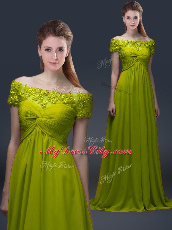 Modest Olive Green Short Sleeves Appliques Floor Length Mother Dresses