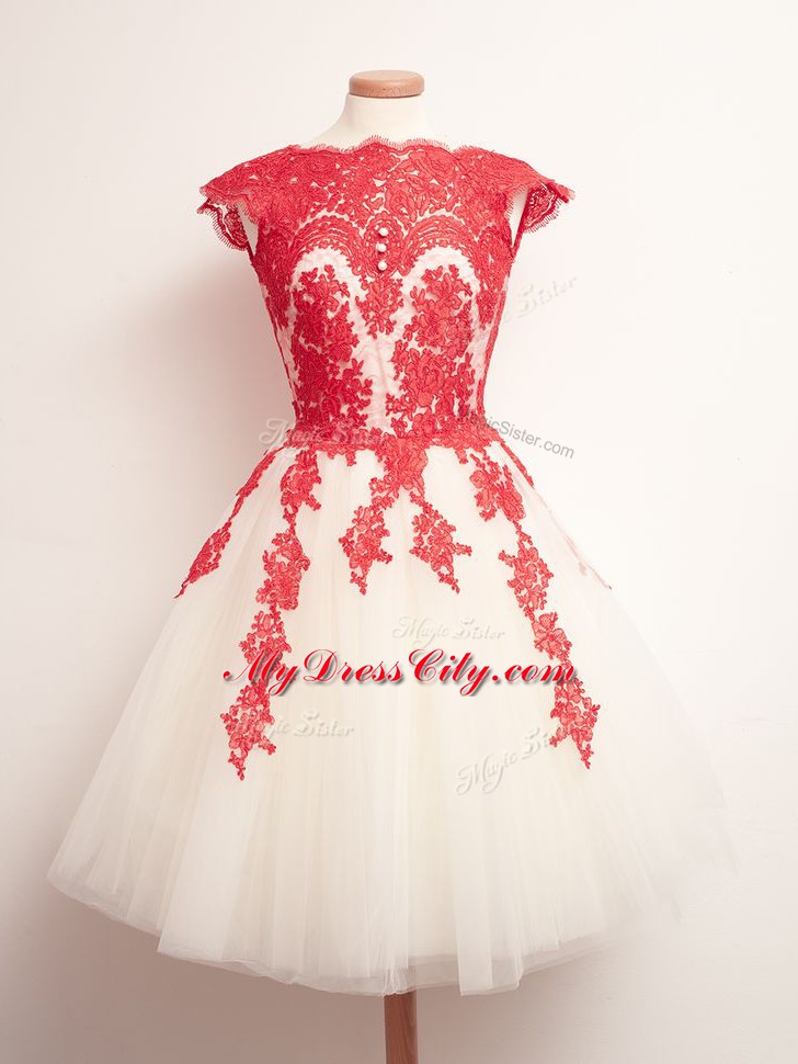 Romantic White And Red A-line Appliques Dama Dress Lace Up Tulle Sleeveless Mini Length