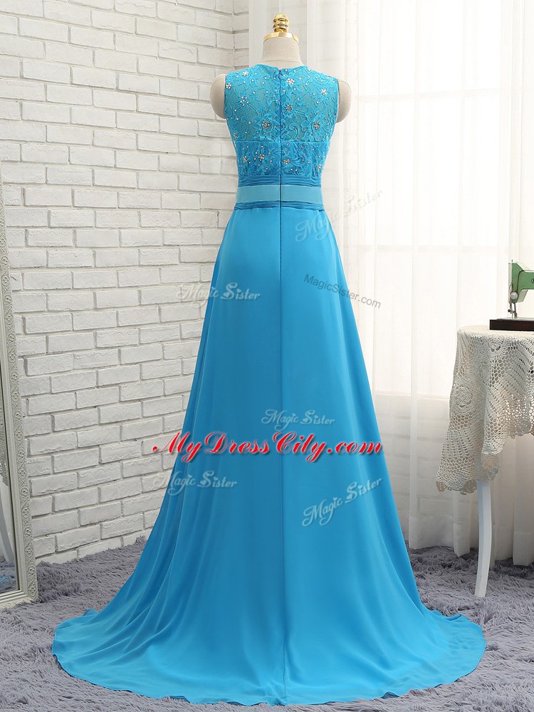 Customized Empire Sleeveless Baby Blue Bridesmaid Dress Brush Train Zipper