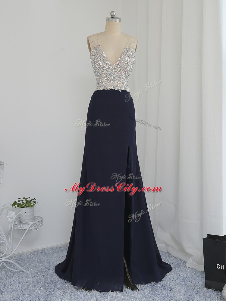 Ideal Chiffon Sleeveless Floor Length Prom Evening Gown and Beading