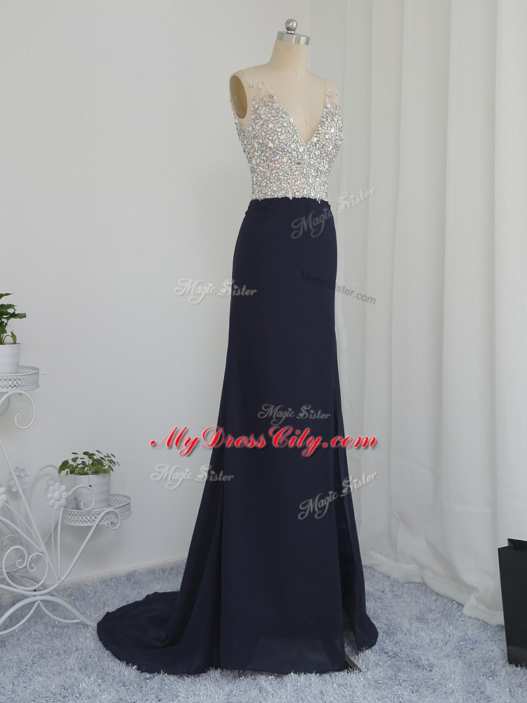 Ideal Chiffon Sleeveless Floor Length Prom Evening Gown and Beading