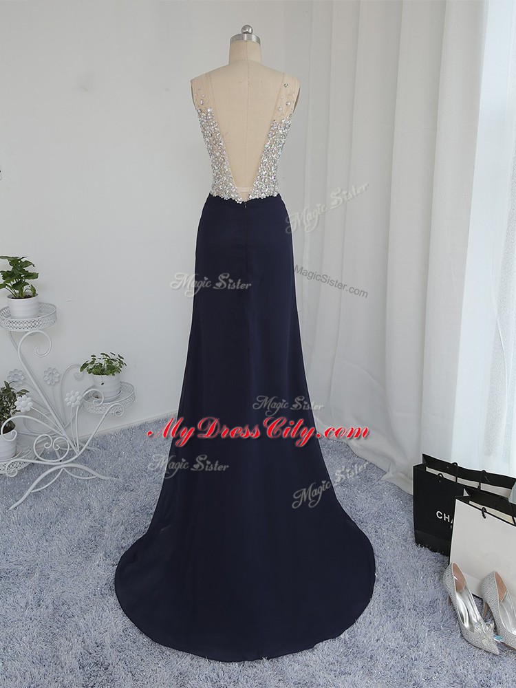 Ideal Chiffon Sleeveless Floor Length Prom Evening Gown and Beading