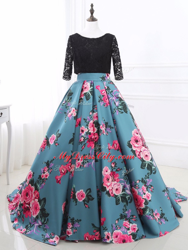 Multi-color Long Sleeves Printed Brush Train Backless Formal Dresses for Prom and Military Ball and Sweet 16