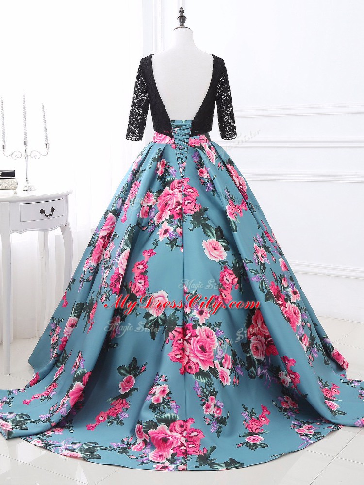 Multi-color Long Sleeves Printed Brush Train Backless Formal Dresses for Prom and Military Ball and Sweet 16