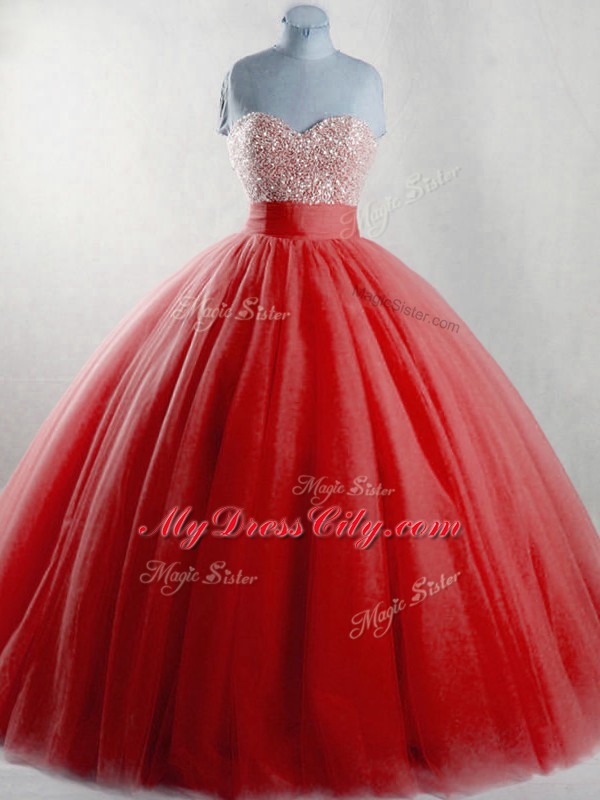 Comfortable Sleeveless Tulle Floor Length Lace Up 15 Quinceanera Dress in Red with Beading