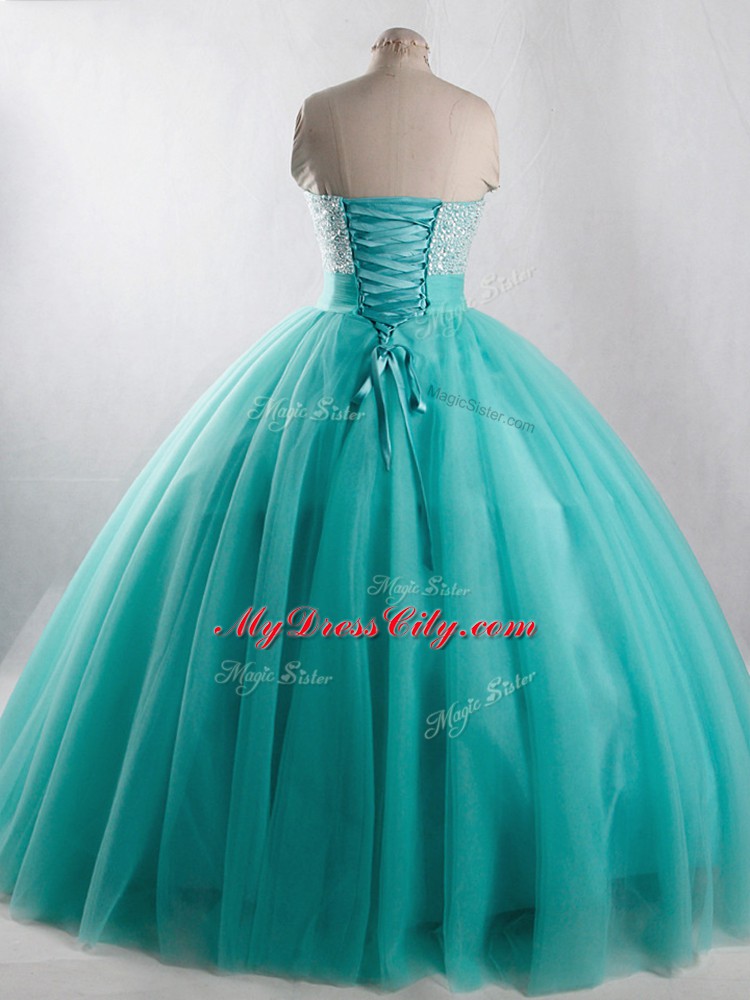 Comfortable Sleeveless Tulle Floor Length Lace Up 15 Quinceanera Dress in Red with Beading