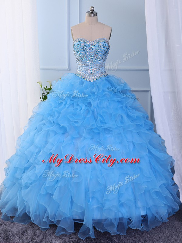 Lovely Baby Blue Organza Lace Up Sweetheart Sleeveless Floor Length Quinceanera Gowns Beading and Embroidery and Ruffled Layers