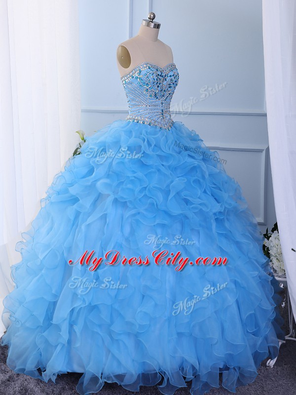 Lovely Baby Blue Organza Lace Up Sweetheart Sleeveless Floor Length Quinceanera Gowns Beading and Embroidery and Ruffled Layers