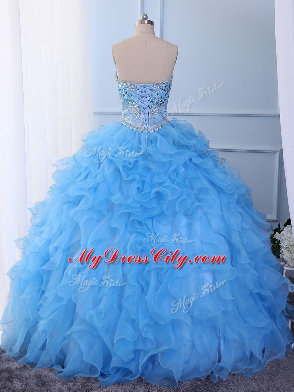 Lovely Baby Blue Organza Lace Up Sweetheart Sleeveless Floor Length Quinceanera Gowns Beading and Embroidery and Ruffled Layers