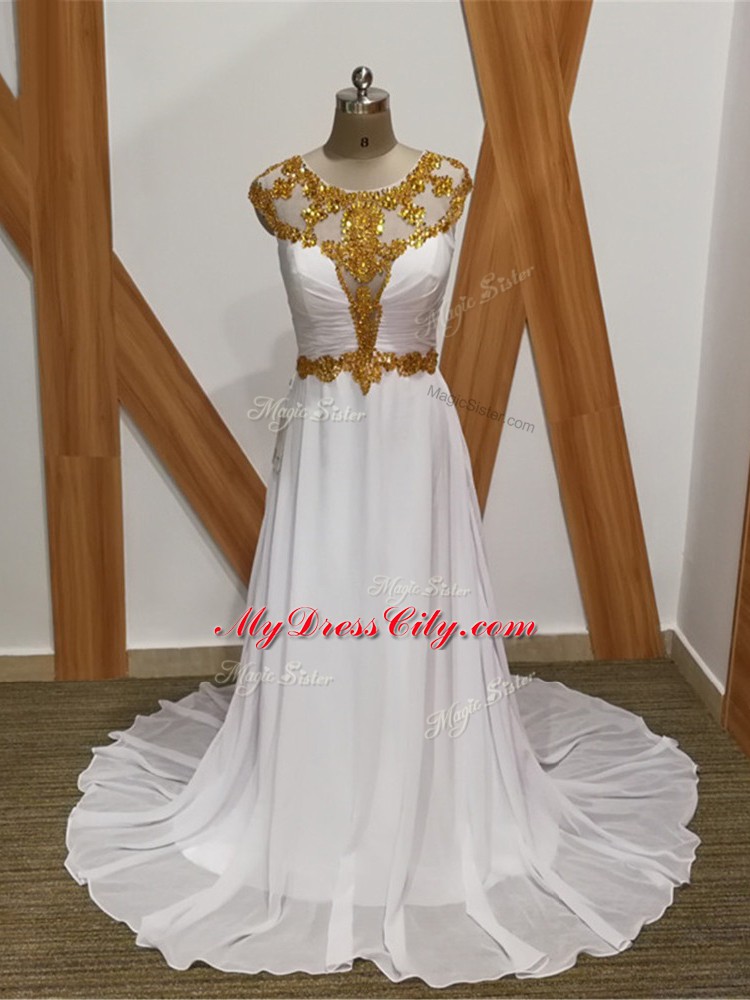 Unique White Empire Chiffon Scoop Sleeveless Beading Backless Brush Train