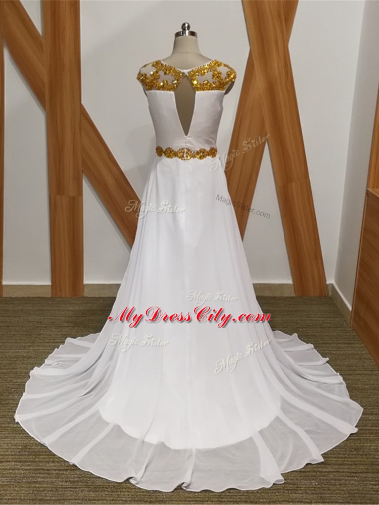 Unique White Empire Chiffon Scoop Sleeveless Beading Backless Brush Train