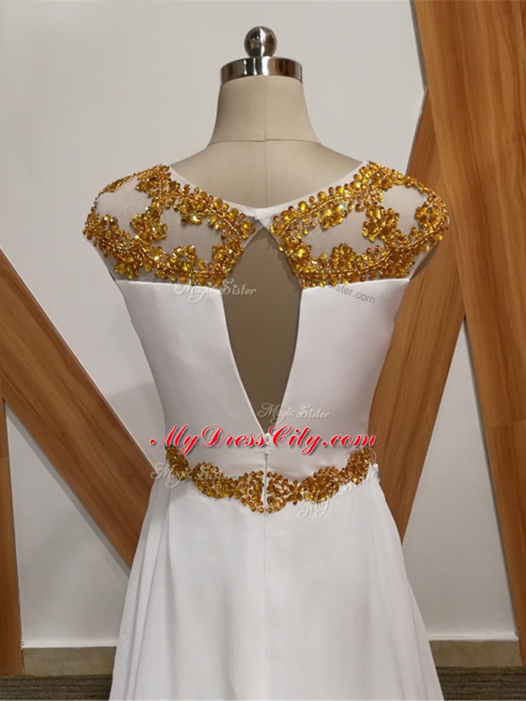 Unique White Empire Chiffon Scoop Sleeveless Beading Backless Brush Train