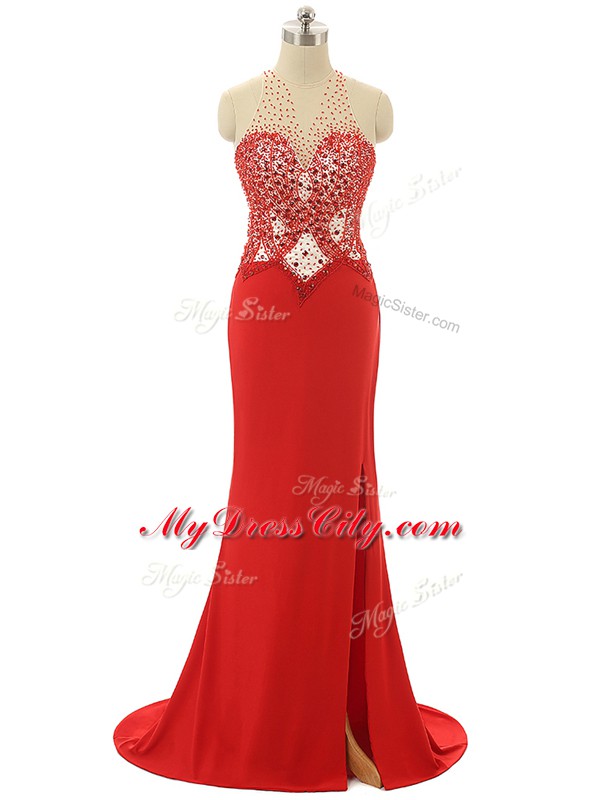 Admirable Red Chiffon Backless High-neck Sleeveless Evening Dress Brush Train Beading