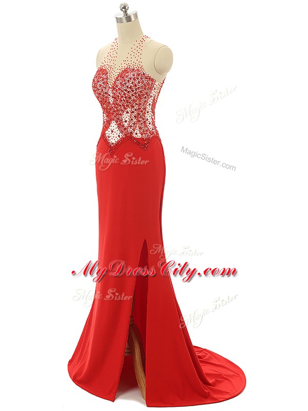 Admirable Red Chiffon Backless High-neck Sleeveless Evening Dress Brush Train Beading