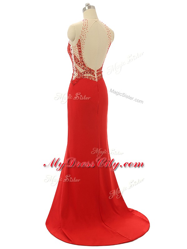 Admirable Red Chiffon Backless High-neck Sleeveless Evening Dress Brush Train Beading