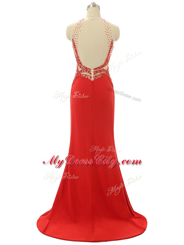 Admirable Red Chiffon Backless High-neck Sleeveless Evening Dress Brush Train Beading