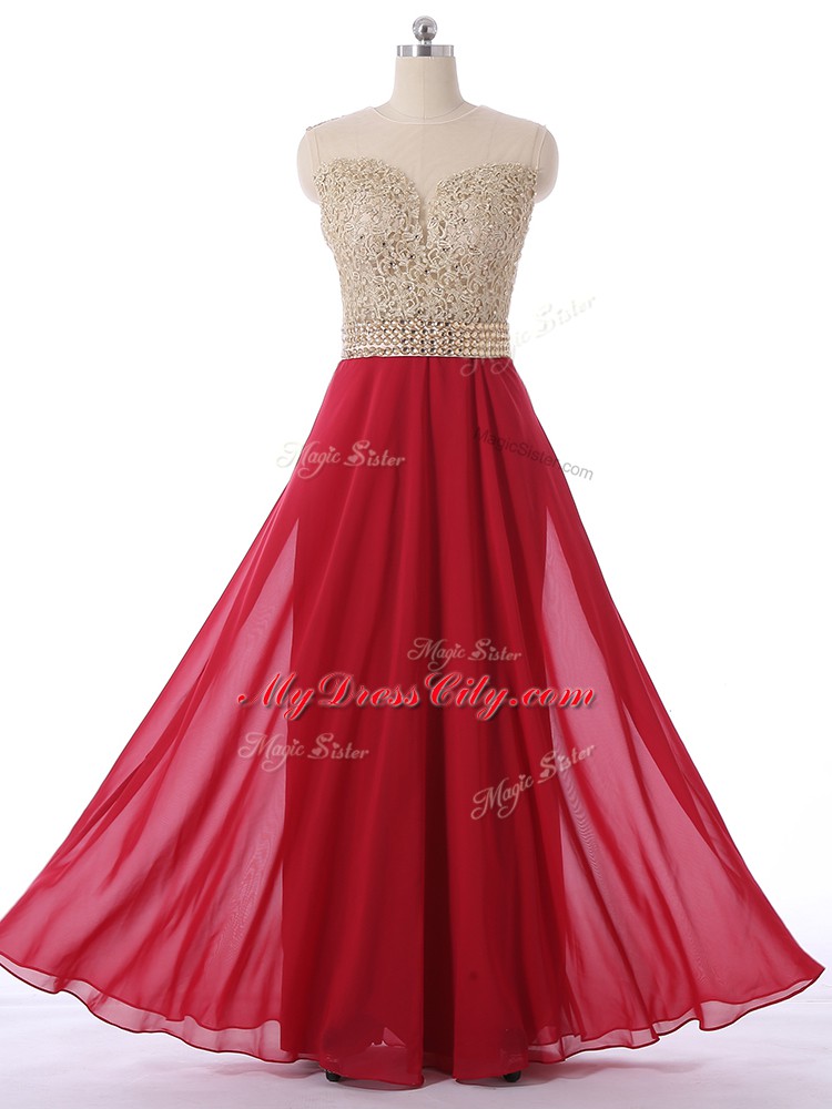 Hot Sale Red Empire Chiffon Scoop Sleeveless Beading Floor Length Zipper Wedding Guest Dresses