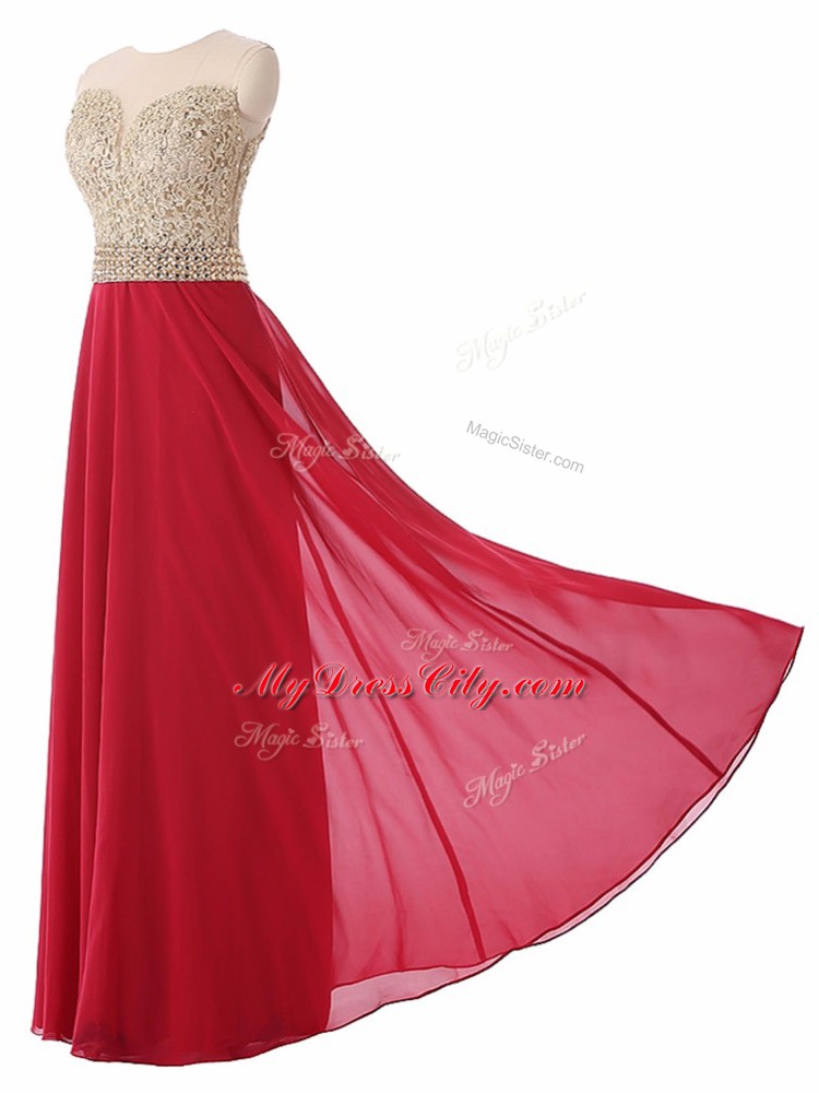 Hot Sale Red Empire Chiffon Scoop Sleeveless Beading Floor Length Zipper Wedding Guest Dresses