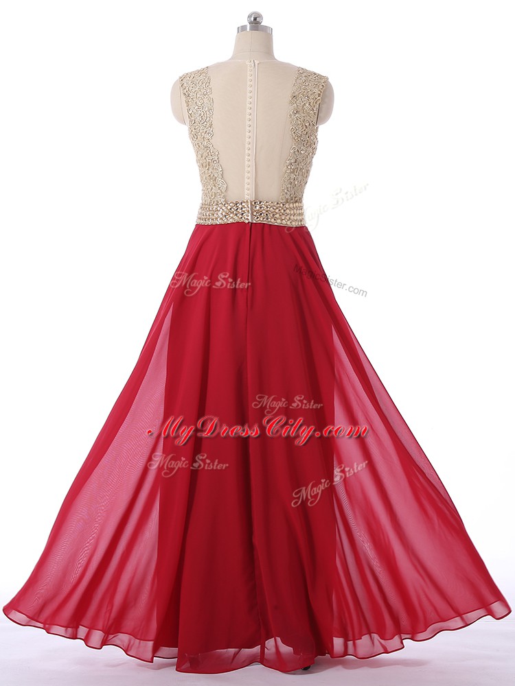 Hot Sale Red Empire Chiffon Scoop Sleeveless Beading Floor Length Zipper Wedding Guest Dresses