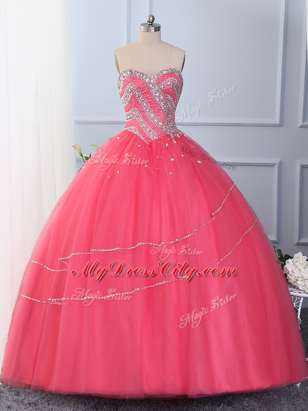 Floor Length Hot Pink Ball Gown Prom Dress Tulle Sleeveless Beading