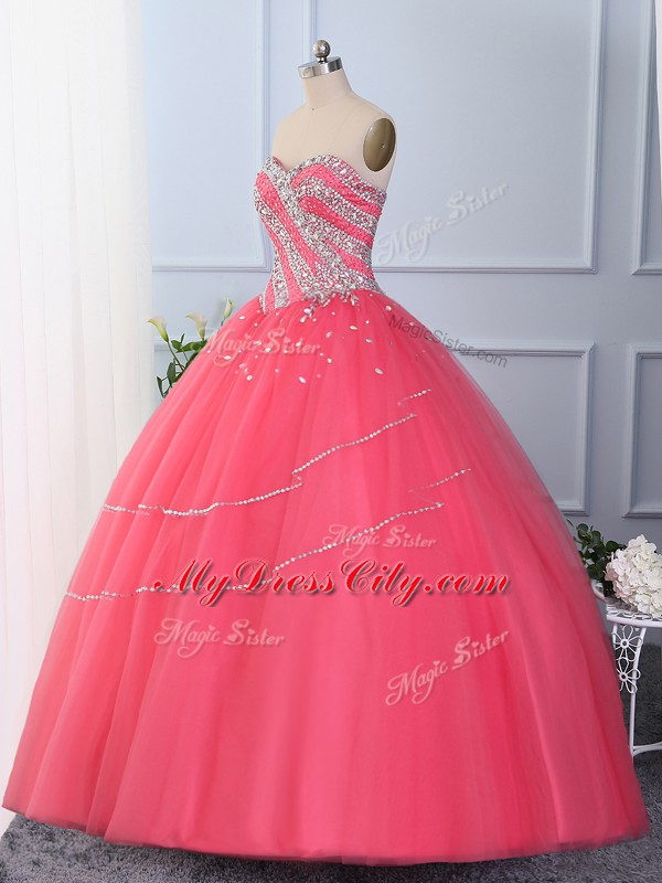 Floor Length Hot Pink Ball Gown Prom Dress Tulle Sleeveless Beading