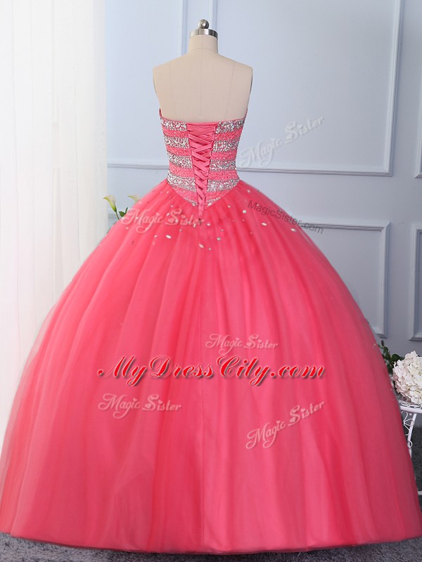 Floor Length Hot Pink Ball Gown Prom Dress Tulle Sleeveless Beading