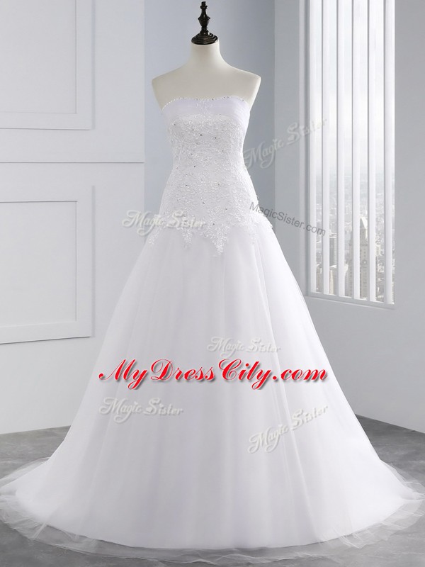 Sleeveless Beading and Appliques Lace Up Wedding Gown with White Brush Train