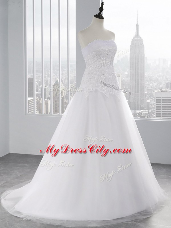 Sleeveless Beading and Appliques Lace Up Wedding Gown with White Brush Train