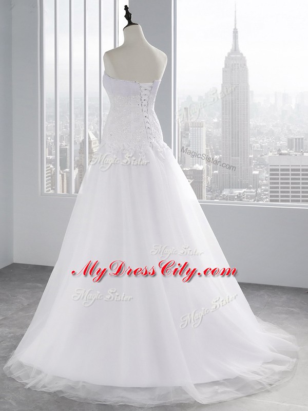 Sleeveless Beading and Appliques Lace Up Wedding Gown with White Brush Train