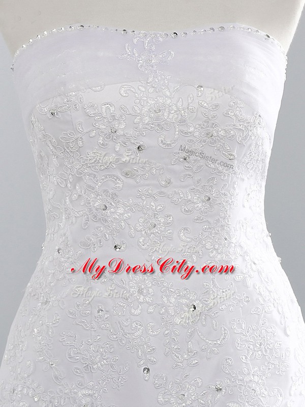 Sleeveless Beading and Appliques Lace Up Wedding Gown with White Brush Train