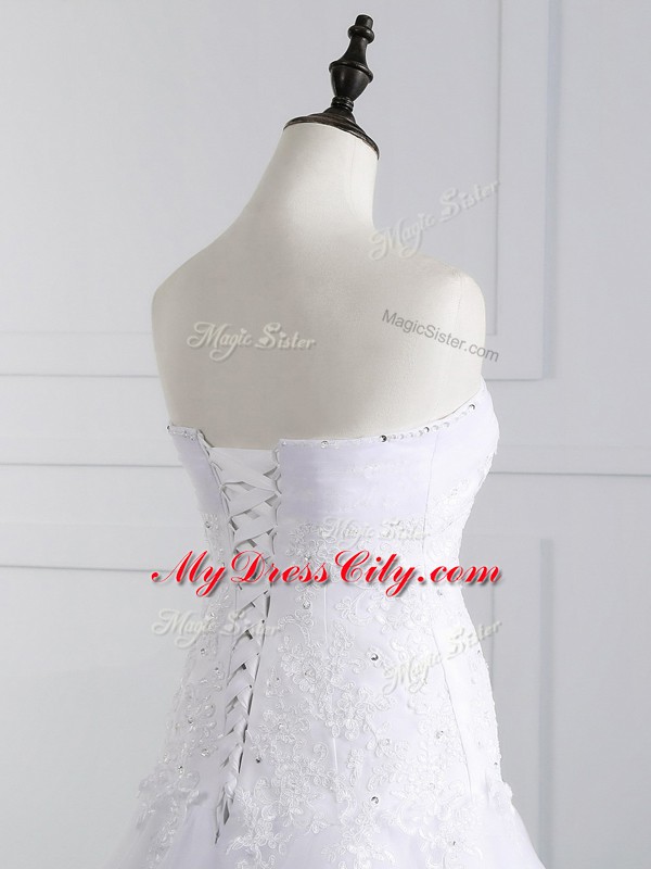 Sleeveless Beading and Appliques Lace Up Wedding Gown with White Brush Train