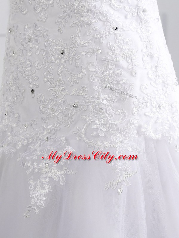 Sleeveless Beading and Appliques Lace Up Wedding Gown with White Brush Train