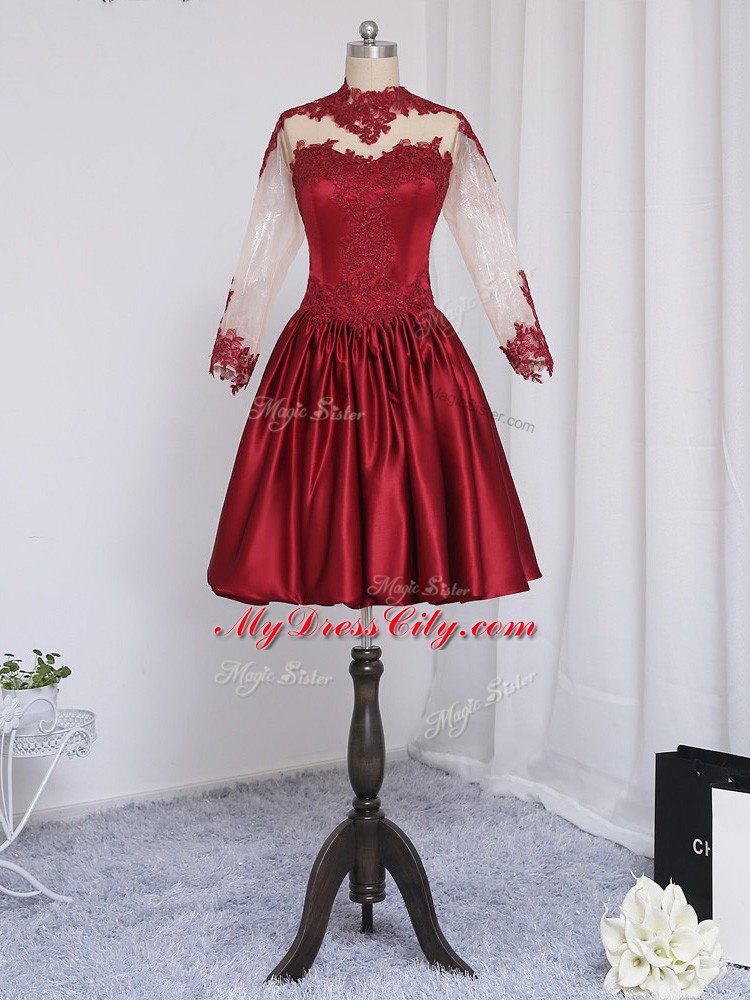 High Quality Mini Length Wine Red Prom Gown Elastic Woven Satin Long Sleeves Beading and Appliques