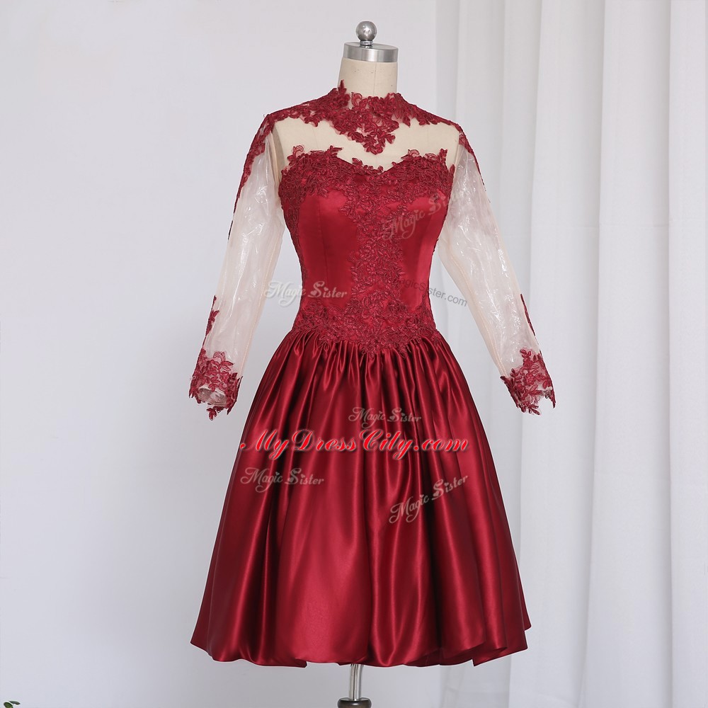 High Quality Mini Length Wine Red Prom Gown Elastic Woven Satin Long Sleeves Beading and Appliques