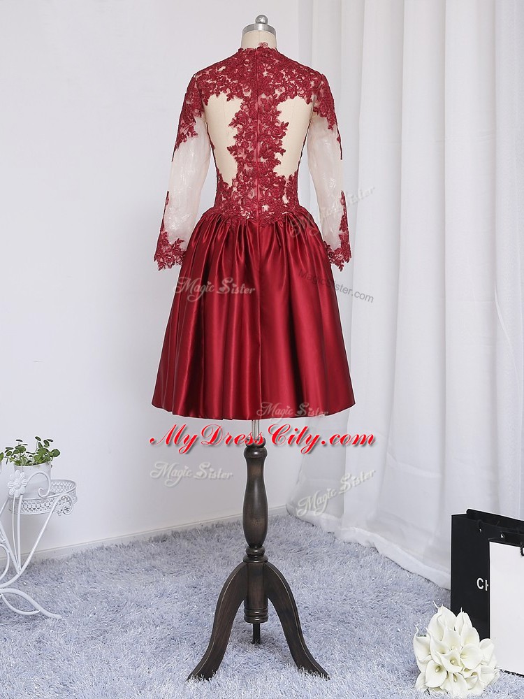 High Quality Mini Length Wine Red Prom Gown Elastic Woven Satin Long Sleeves Beading and Appliques