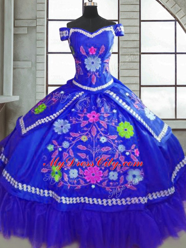 Custom Designed Blue Off The Shoulder Lace Up Beading and Embroidery Sweet 16 Dress Short Sleeves