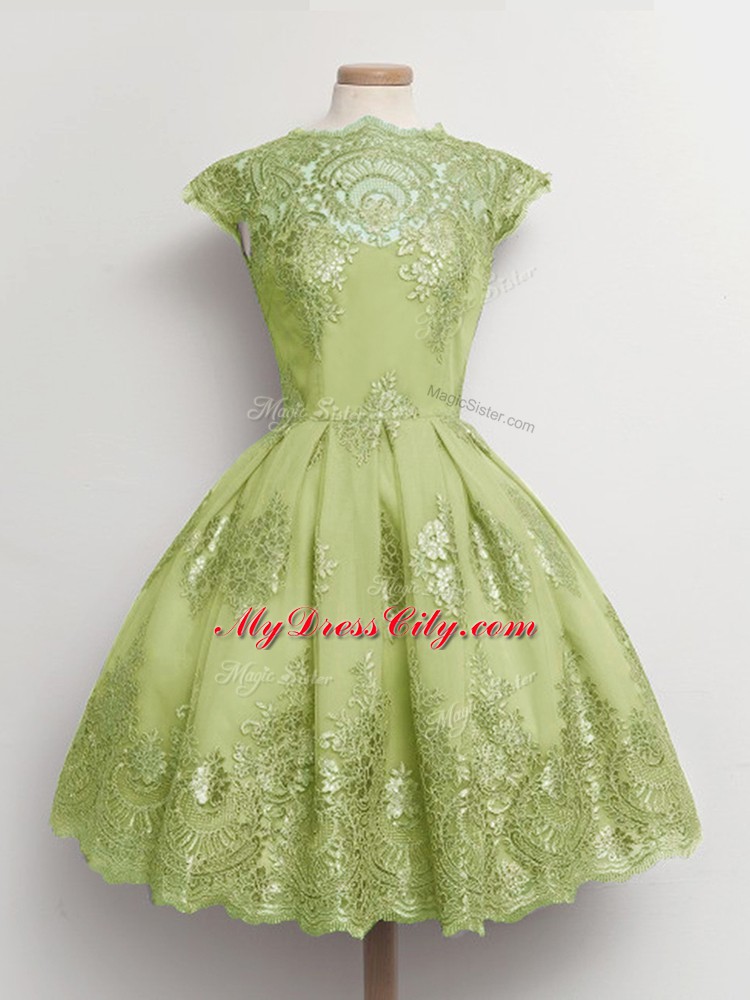 Lace Bridesmaids Dress Yellow Green Lace Up Cap Sleeves Knee Length