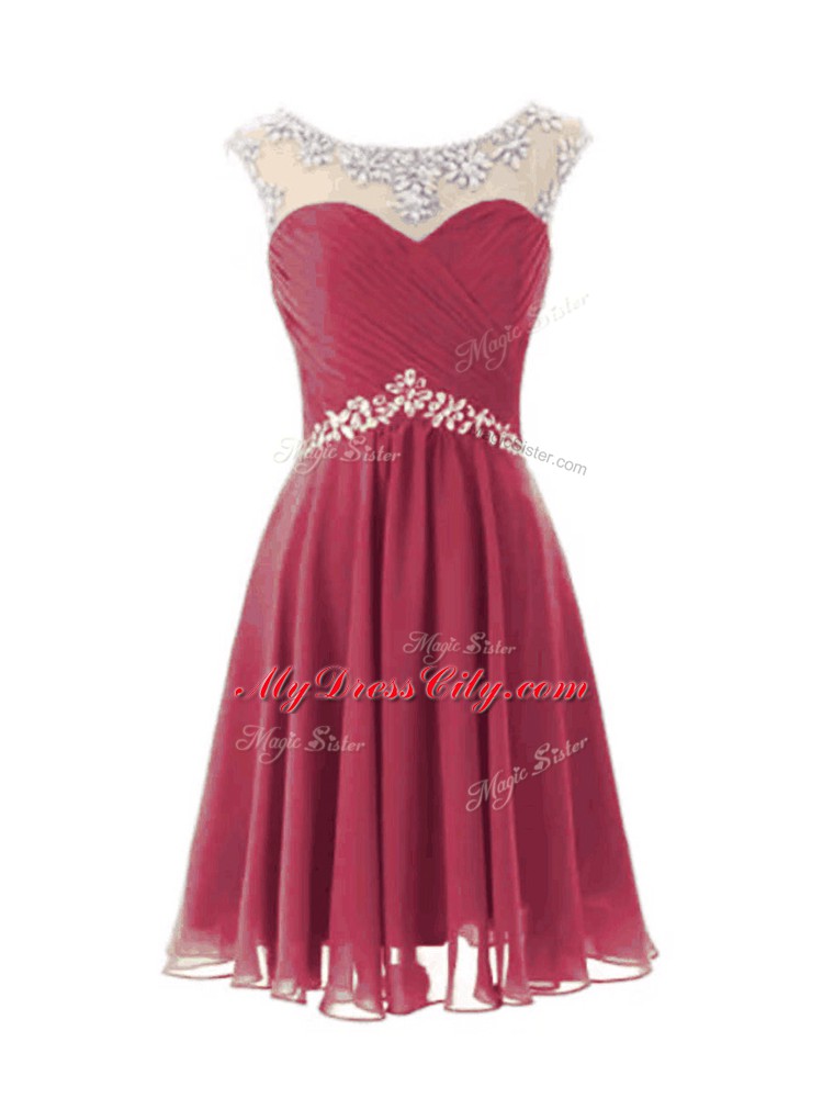 Chic A-line Prom Evening Gown Burgundy Scoop Chiffon Cap Sleeves Knee Length Zipper