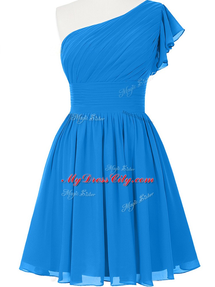 Suitable Blue Chiffon Side Zipper One Shoulder Sleeveless Mini Length Evening Dress Ruching