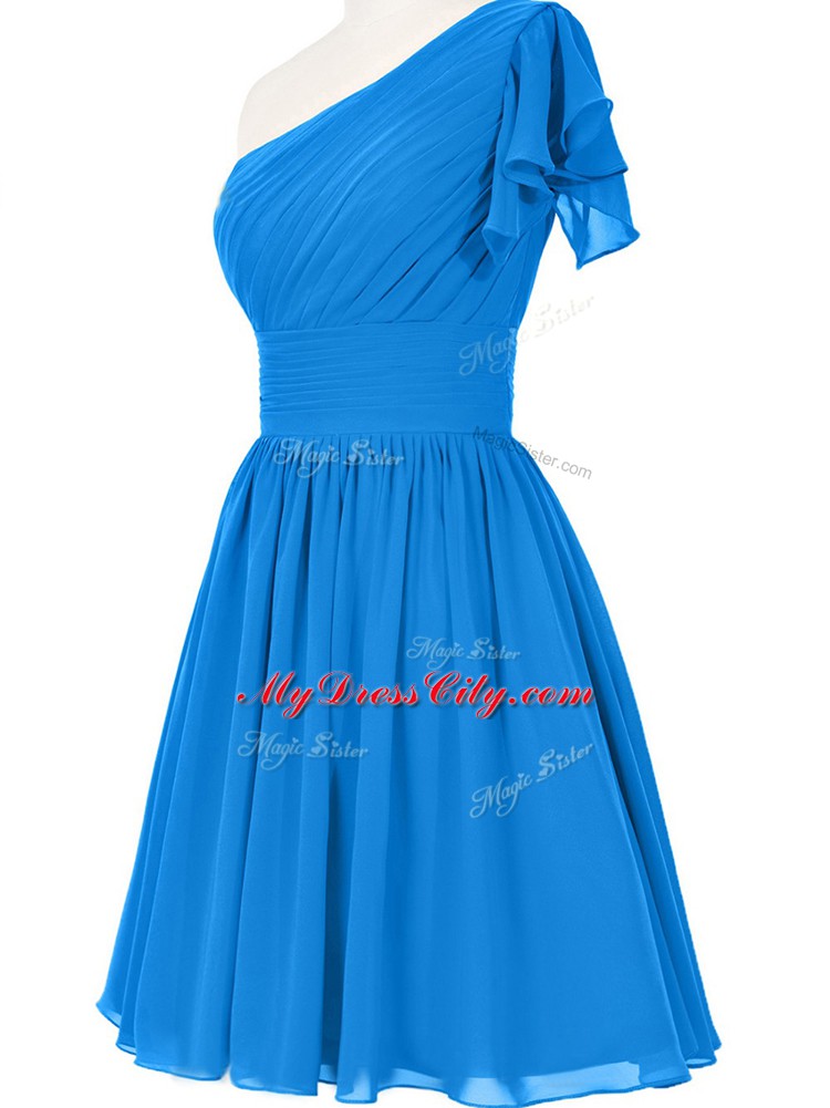 Suitable Blue Chiffon Side Zipper One Shoulder Sleeveless Mini Length Evening Dress Ruching