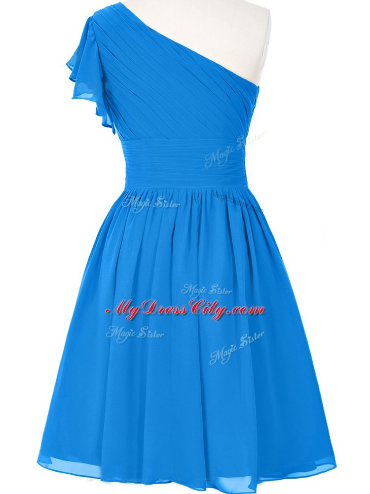 Suitable Blue Chiffon Side Zipper One Shoulder Sleeveless Mini Length Evening Dress Ruching