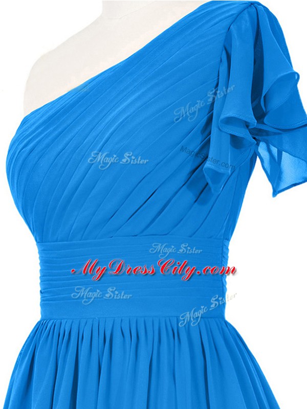 Suitable Blue Chiffon Side Zipper One Shoulder Sleeveless Mini Length Evening Dress Ruching