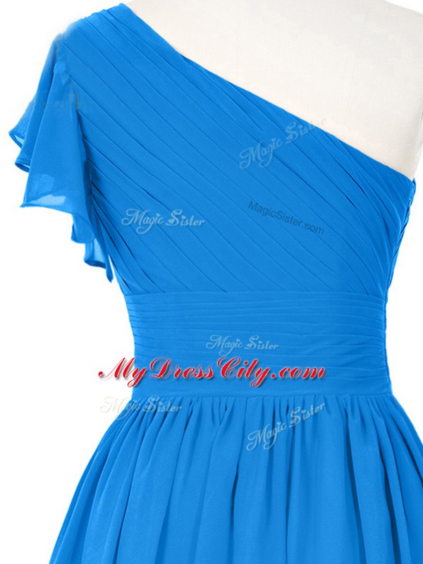 Suitable Blue Chiffon Side Zipper One Shoulder Sleeveless Mini Length Evening Dress Ruching