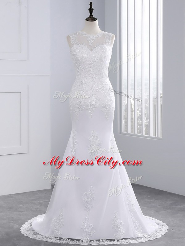 Superior Sleeveless Brush Train Beading and Appliques Lace Up Wedding Gowns