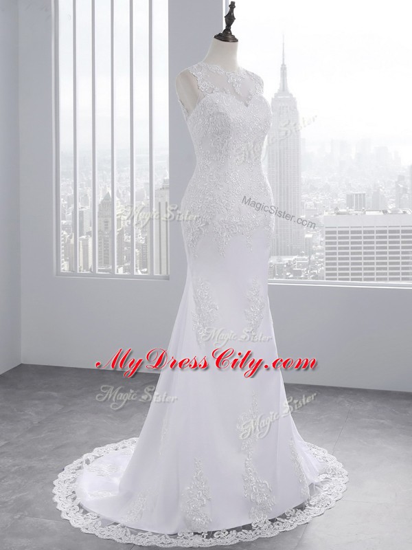 Superior Sleeveless Brush Train Beading and Appliques Lace Up Wedding Gowns