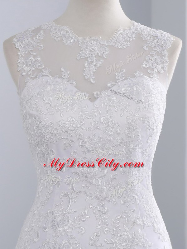 Superior Sleeveless Brush Train Beading and Appliques Lace Up Wedding Gowns