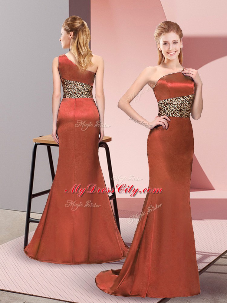 New Style Rust Red Column/Sheath Pattern Prom Dresses Side Zipper Elastic Woven Satin Sleeveless Floor Length